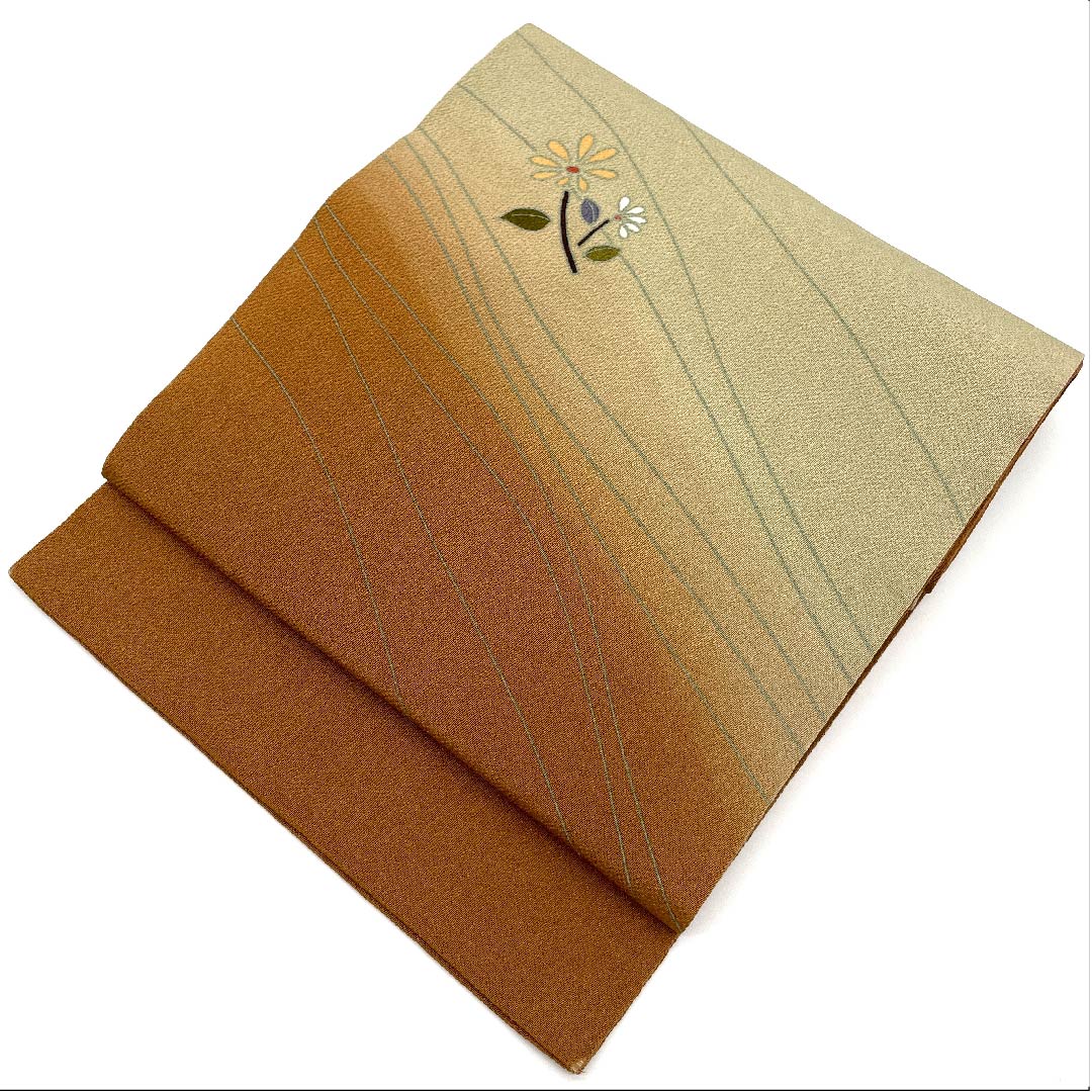 名古屋帯 赤白橡色 亜麻色 花模様 壁糸 帯丈368cm 正絹 Aランク ポイント柄 カジュアル 茶系 1124003723314 名古屋仕立て