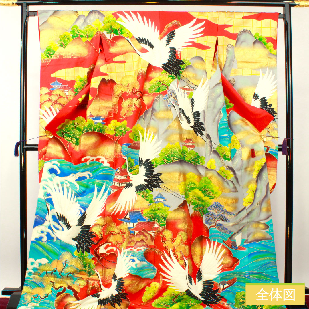 色打掛 正絹 身丈194cm 裄丈67cm 猩々緋色(しょうじょうひいろ) 京友禅 鶴 吉祥文様 Sランク 袷 赤系 1110000842912