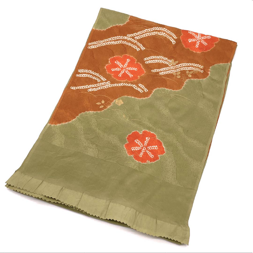 Obiage Silk A Rank Semi-Formal Kimirucha (Brownish-yellow with a hint of green) Partial Shibori Plum Hagi Length approx. 171cm Width approx. 28cm Green-toned 1136002963919