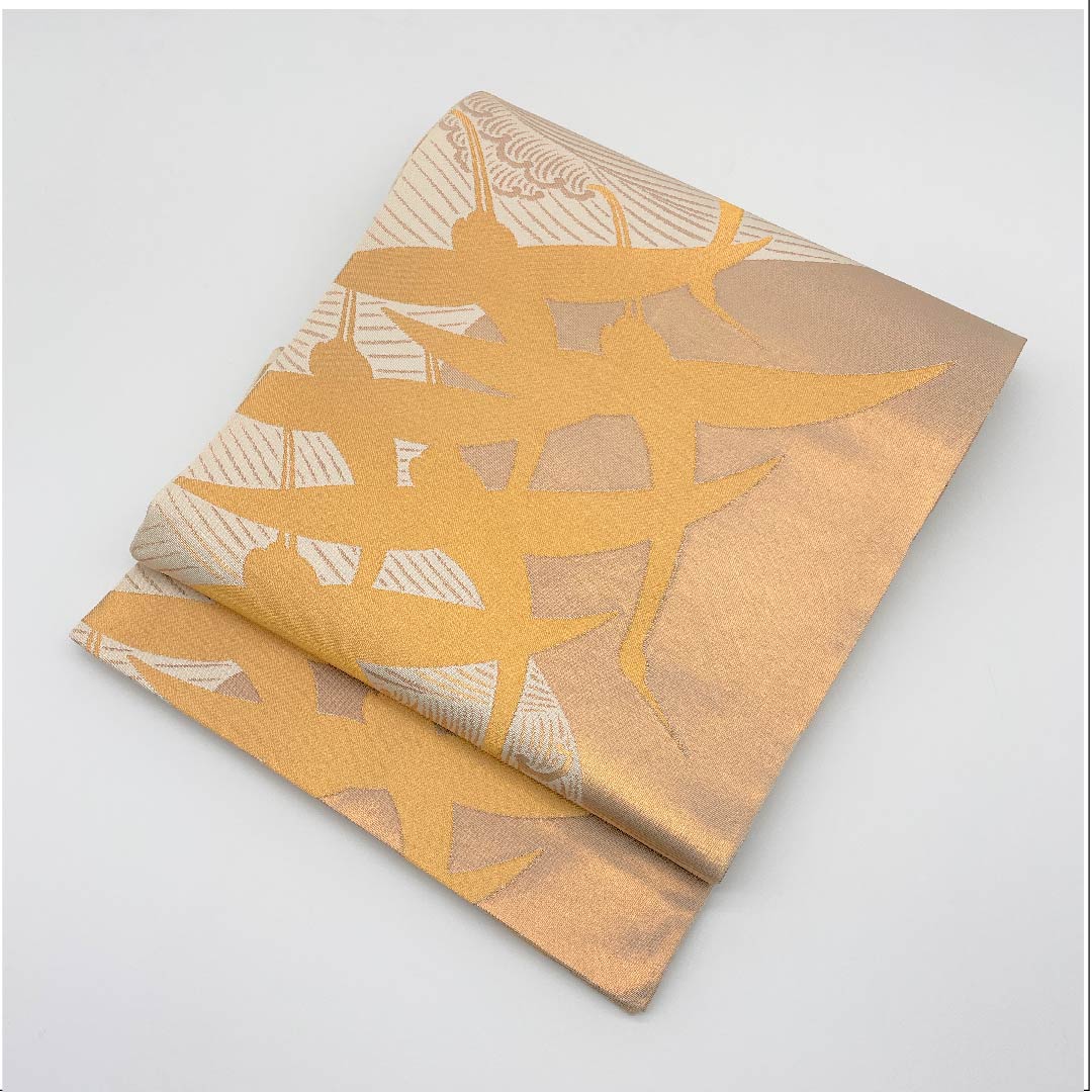 袋帯 金色 琳派鶴 流水 引箔 帯丈442cm 正絹 Aランク 全通 フォーマル 金系 1123005333321