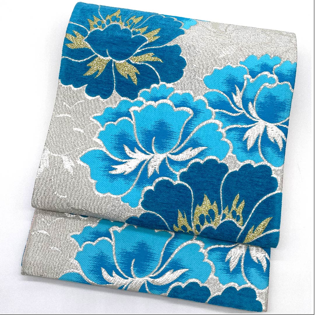 袋帯 銀色 花模様 帯丈430cm 正絹 Sランク 六通 フォーマル 銀系 1123009732322