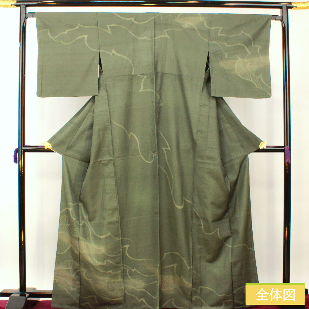 訪問着 正絹 単衣 身丈168.5cm 裄丈66.5cm 鈍色(にびいろ) 紬地 抽象模様 Sランク 緑系 1112004212519