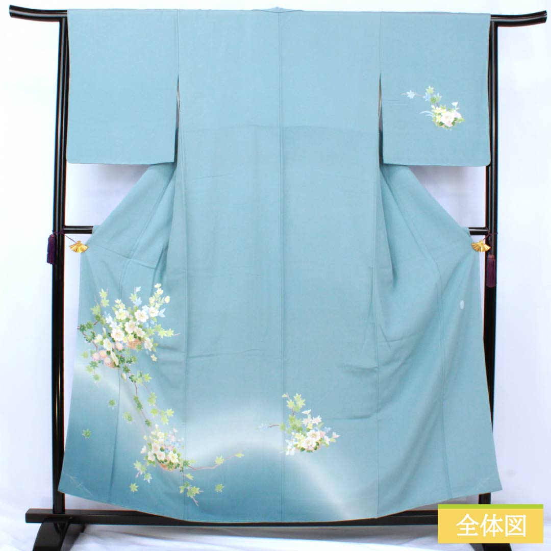 訪問着 正絹 Sランク 袷 身丈155.5cm 裄丈63cm 砧青磁色(きぬたせいじいろ) 加賀友禅 南克治 付下げ 花籠 しつけ糸付き 水色系 1112007312324