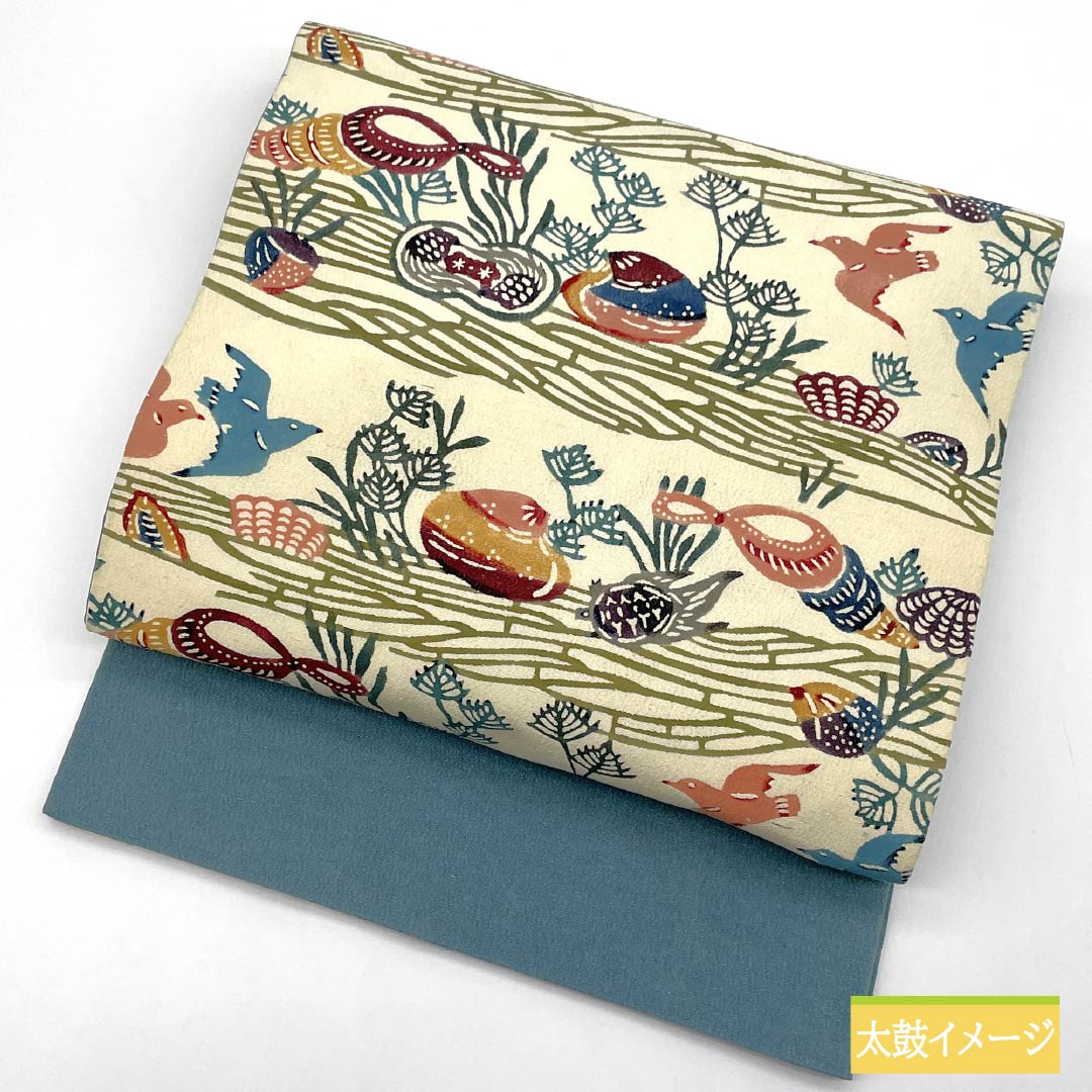 Nagoya obi, natural color, Kyoto Bingata, bird, Bingata-style pattern, obi length 336cm, pure silk, A rank, six-pass, casual, cream-colored, 1124007133315, open-fitting