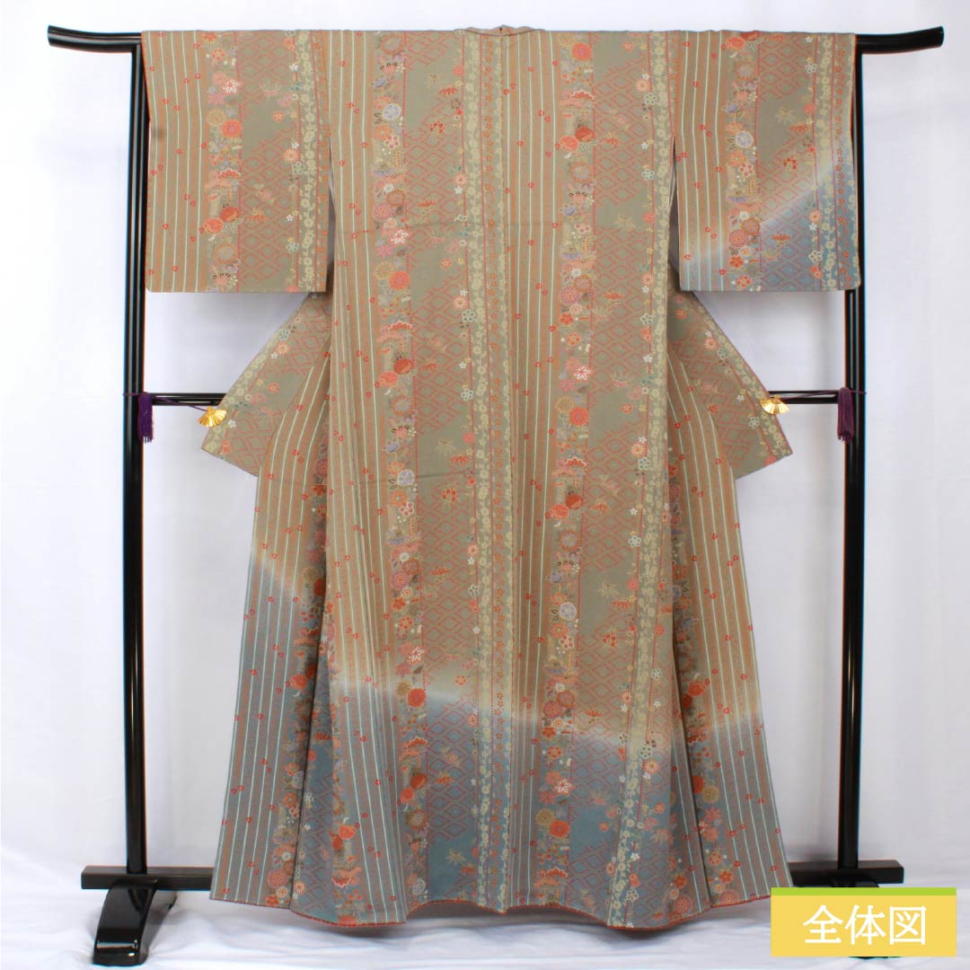 訪問着 正絹 袷 身丈160.5cm 裄丈65.5cm 利休鼠色(りきゅうねずみいろ) 型染 縞 花柄 Sランク グレー系 1112006042422