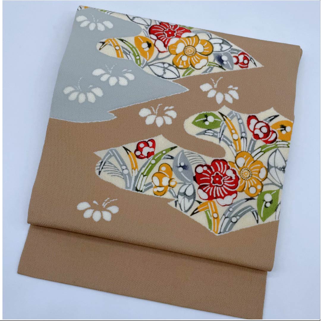 名古屋帯 小鹿色 京紅型 栗山工房 辻ヶ花模様 帯丈376.5cm 正絹 Sランク ポイント柄 カジュアル 茶系 1124005192314 名古屋仕立て