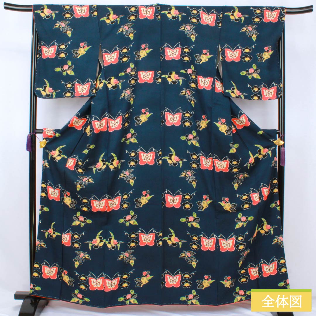 小紋 正絹 Sランク 身丈164cm 裄丈68cm 袷 濃紺色(のうこんいろ) 京紅型 一方付け 蝶 花 紺系 1115007712418