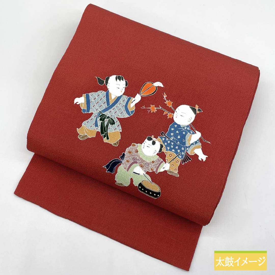 名古屋帯 紅絹色(もみいろ) ちりめん地 染め帯 童 帯丈363cm 正絹 Sランク ポイント柄 カジュアル 朱系 1124007542316 名古屋仕立て