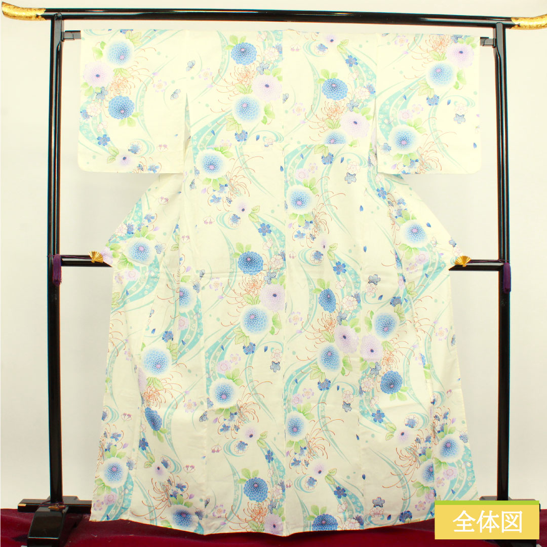 Yukata Cotton Length 164cm Sleeve length 66cm S rank Single layer White Cherry blossom Chrysanthemum 1118004672411