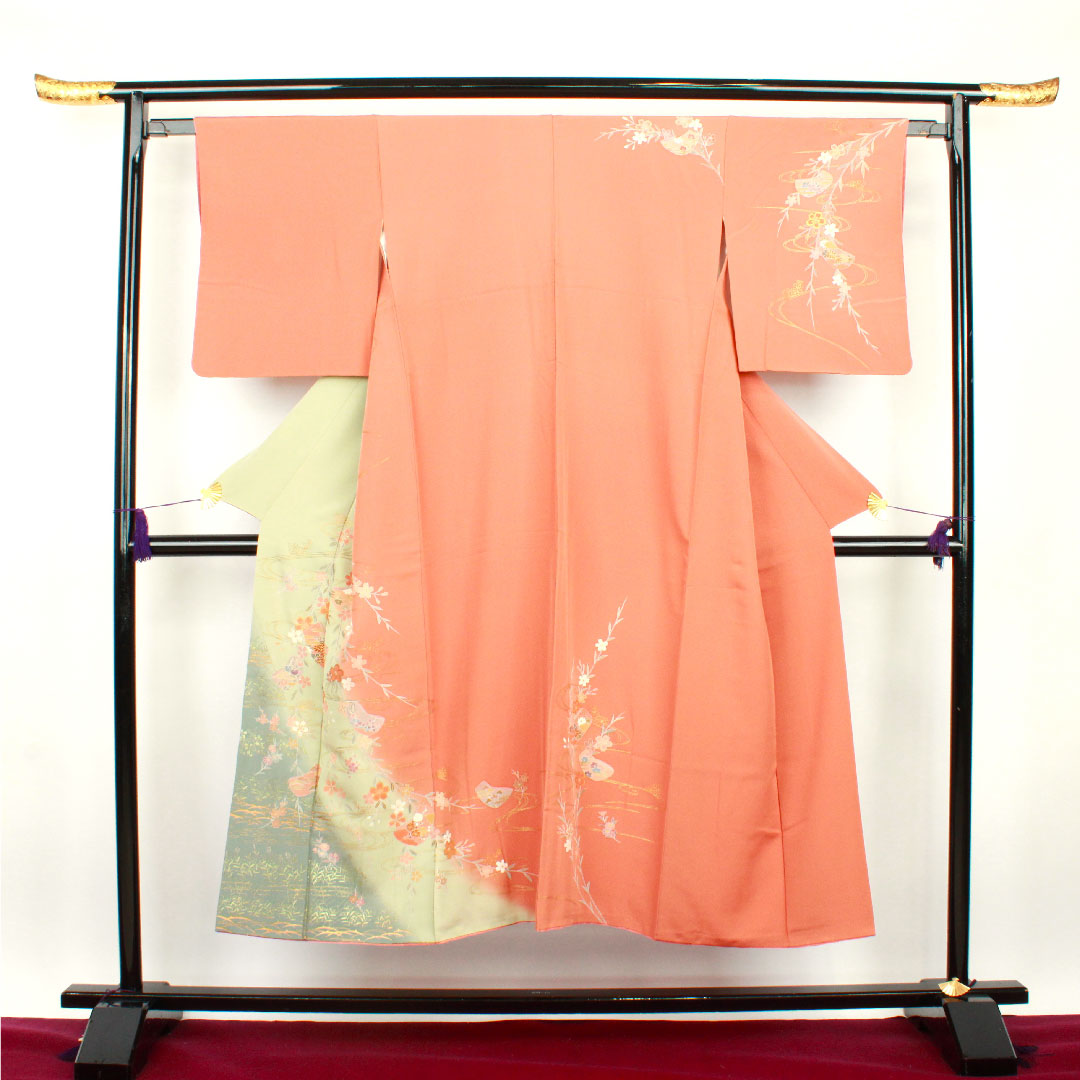 訪問着 袷 身丈145cm 裄丈63cm 珊瑚色 京友禅 桜 流水 正絹 Aランク 朱系 1112002053116