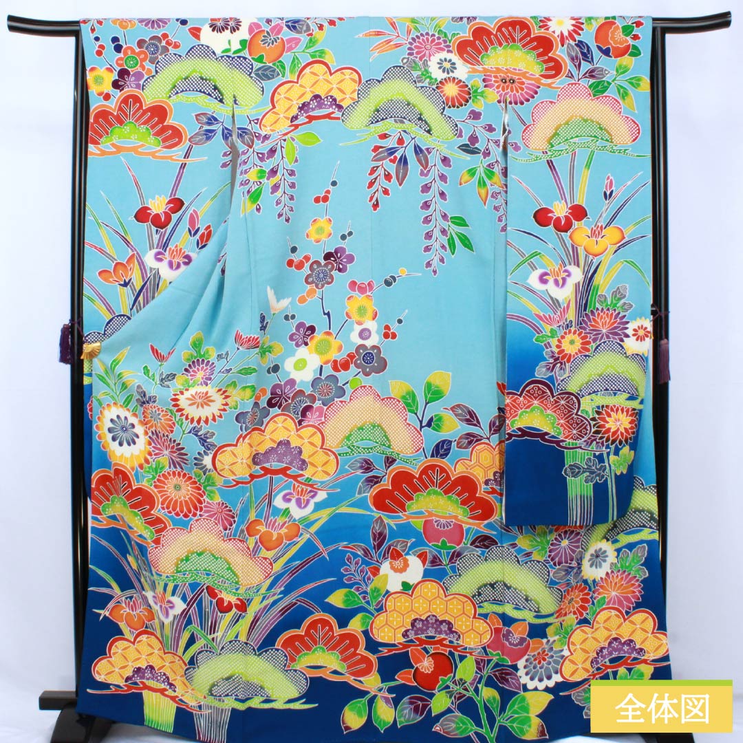 振袖 正絹 Aランク 身丈166.5cm 裄丈64.5cm 袷 水色(みずいろ) 京紅型 ちりめん地 吉祥文様 梅 松 水色系 1113002543524
