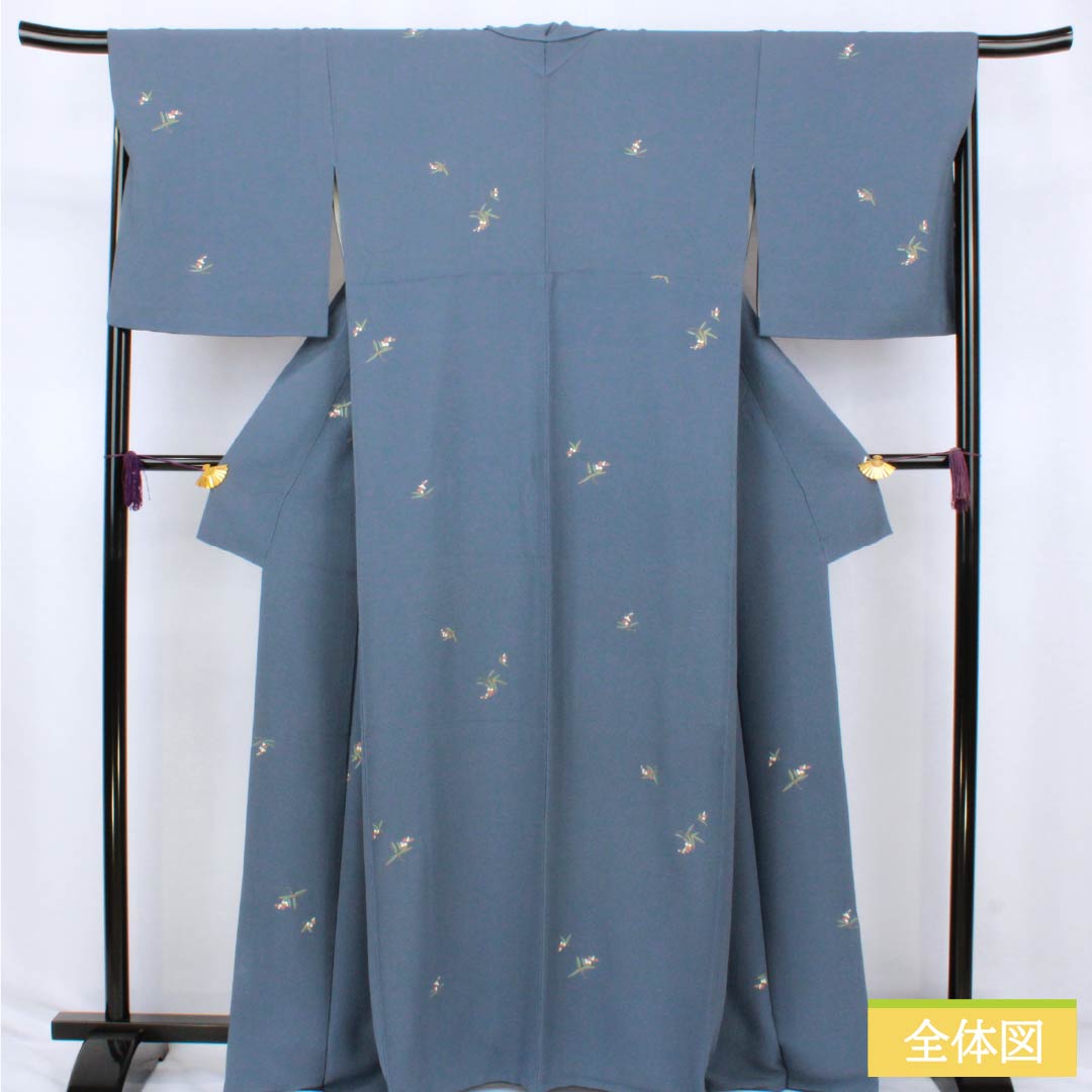 小紋 正絹 Aランク 身丈165cm 裄丈68cm 袷 裏色(うらいろ) 小花 ちりめん地 パールトーン加工 青系 1115007293517