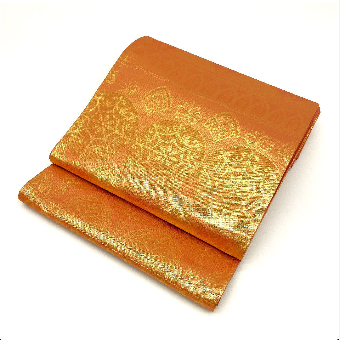 (未仕立)袋帯 古典柄 木原織物 帯丈428cm 正絹 Sランク 六通 セミフォーマル 朱系 1123002592316