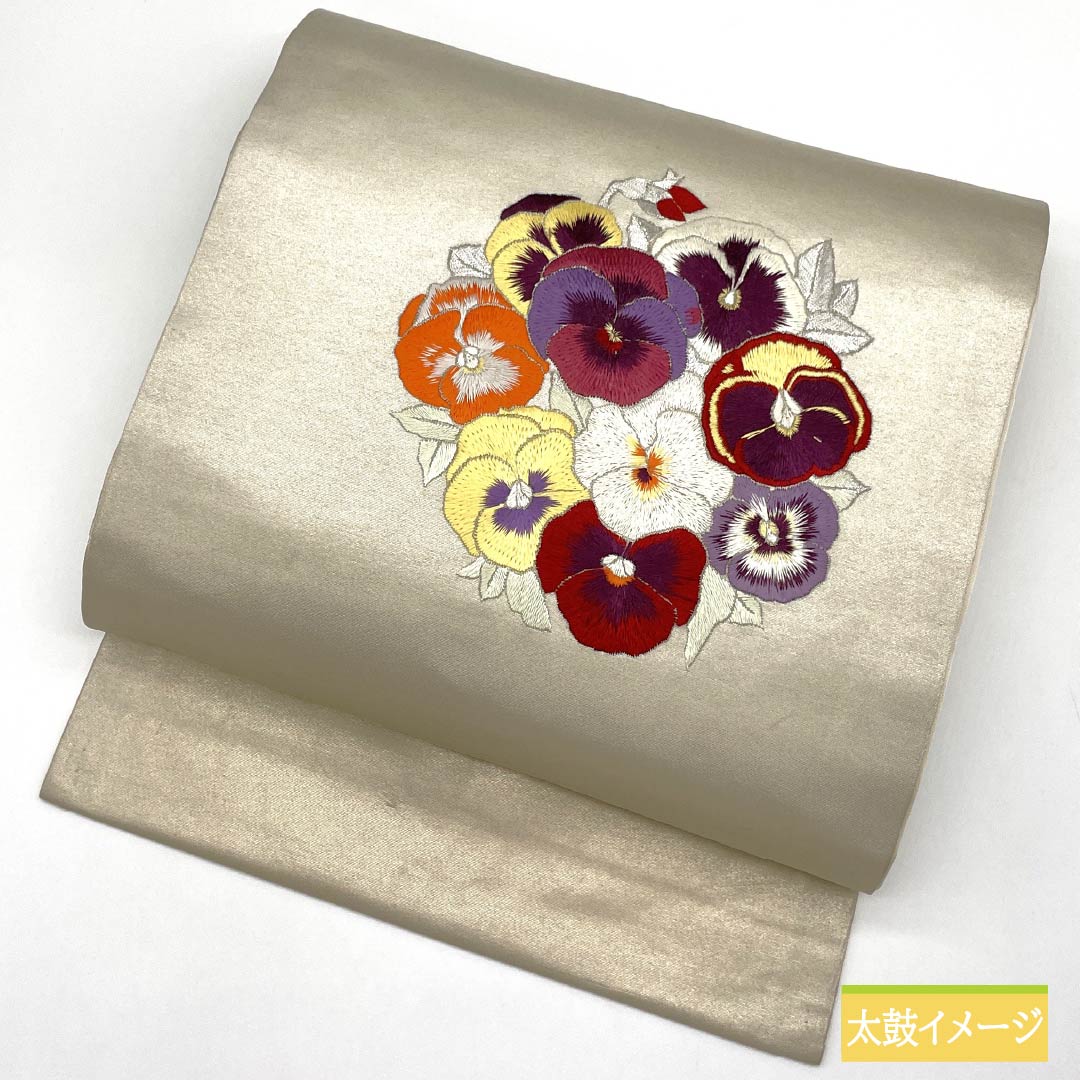 Nagoya obi, ecru, embroidered pansy, obi length 359cm, pure silk, S rank, point pattern, casual, beige, 1124007532325, Nagoya style