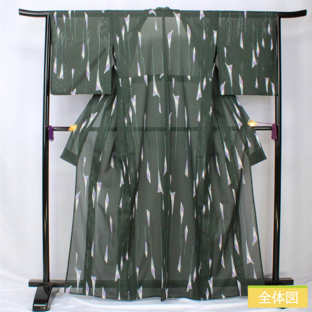 夏物 ポリエステル 小紋 身丈166cm 裄丈65cm カラー 洗える着物 絽 Sランク 緑系 1132002342519