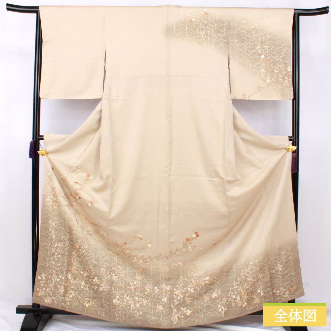 訪問着 正絹 Aランク 袷 身丈165.5cm 裄丈64cm 砥粉色(とのこいろ) 京友禅 ススキ 草花 萩 ベージュ系 1112007253525