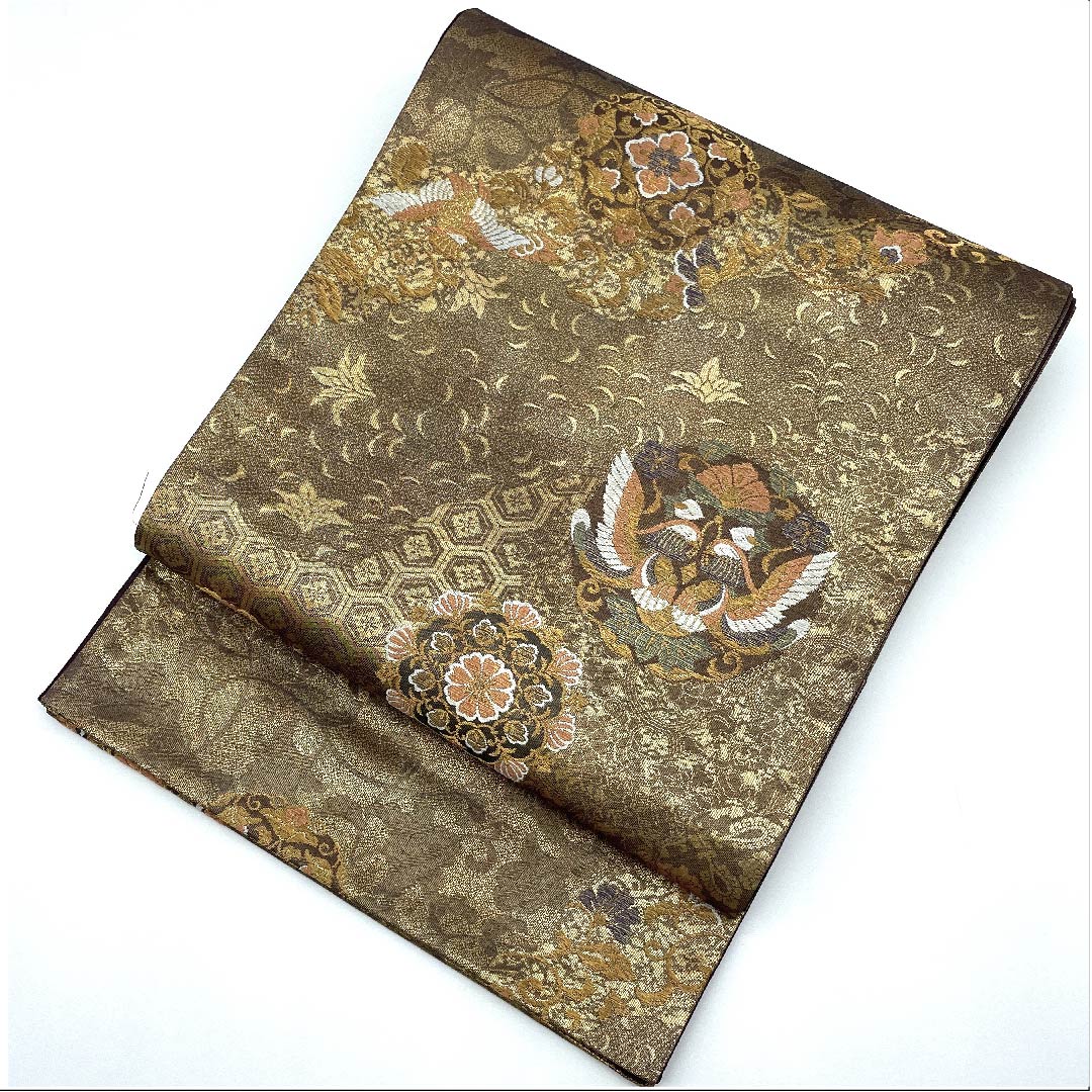 袋帯 金色 宝相華 花唐草 鳳凰 帯丈428cm 正絹 Aランク 六通 フォーマル ベージュ系 1123007593325