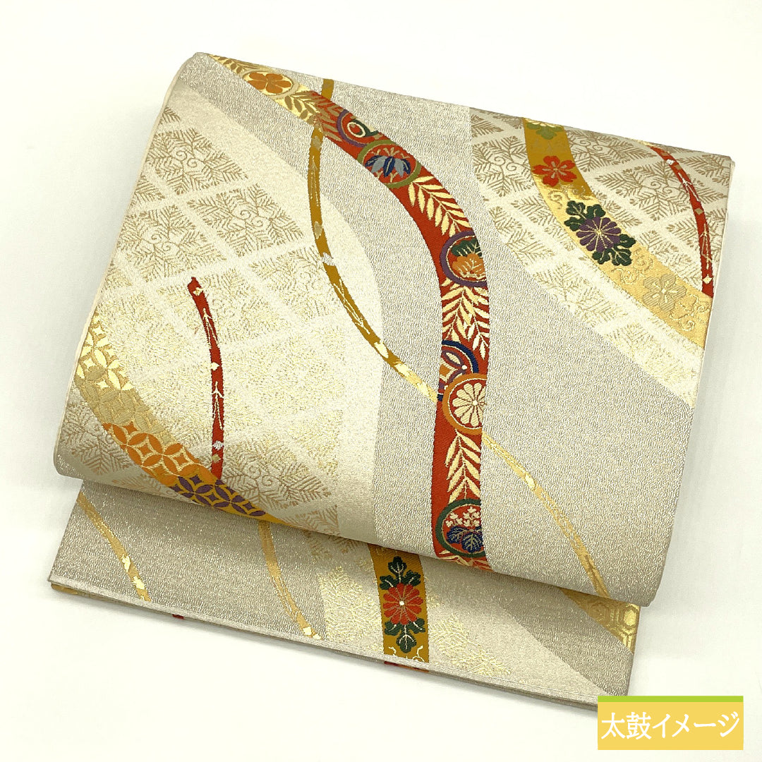 袋帯 正絹 Aランク 熨斗 西陣織 帯丈430cm 六通 フォーマル 銀系 1123017293322