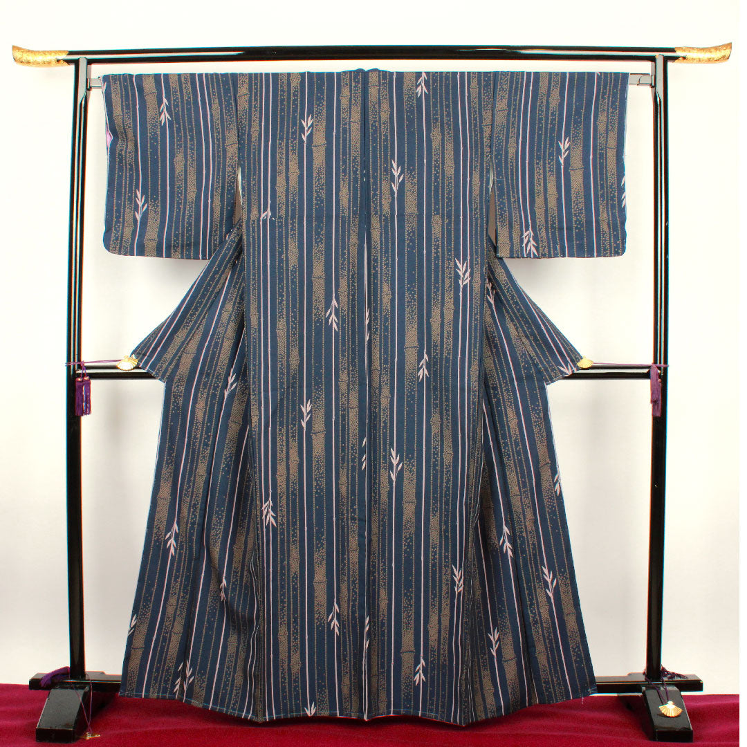 小紋 身丈163cm 裄丈67.5cm 袷 紺青色 洗える着物 竹 ポリ Sランク 紺系 1115002112418
