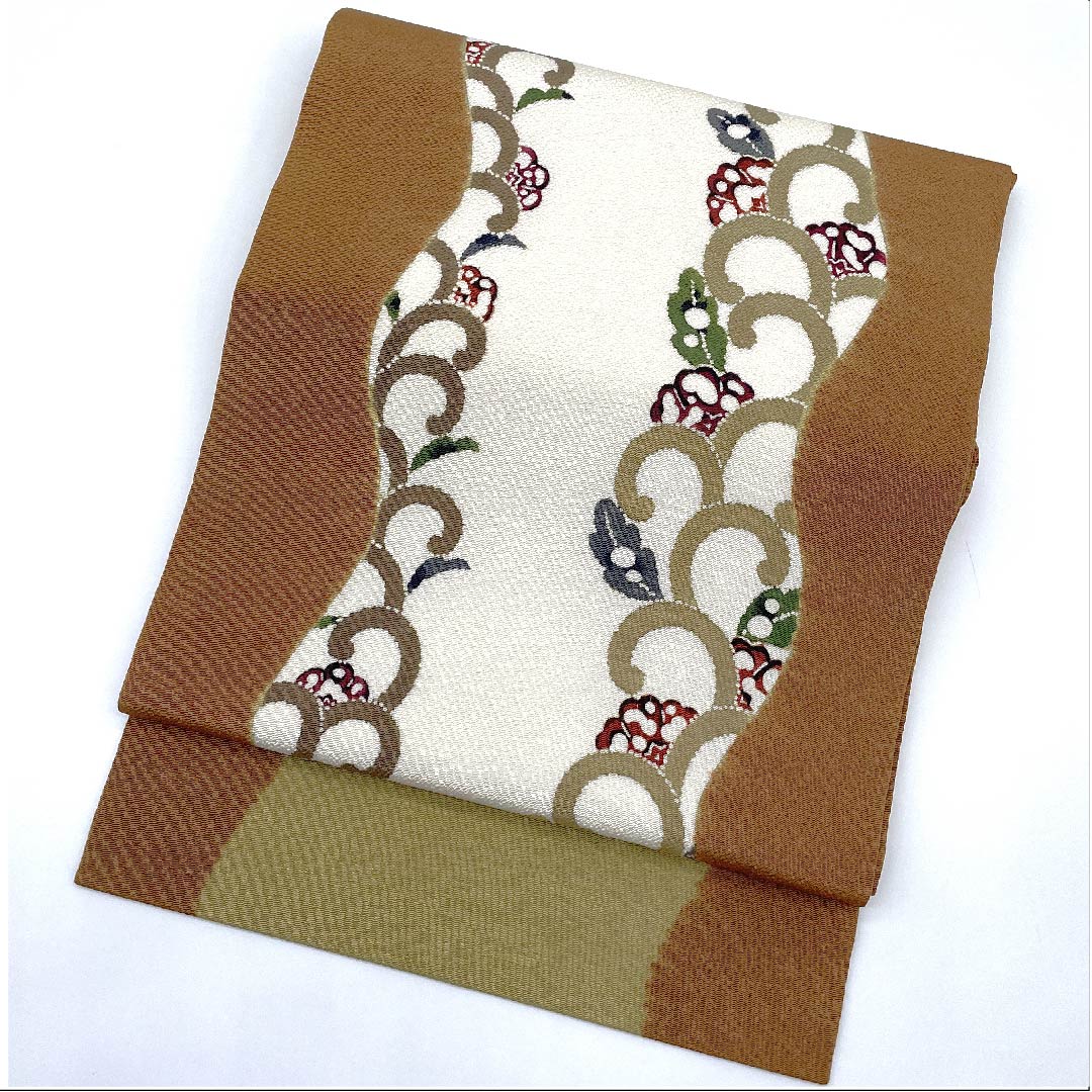 名古屋帯 蓮葉染色 京紅型 栗山工房 植物模様 帯丈355cm 正絹 Sランク ポイント柄 カジュアル 茶系 1124005242314 名古屋仕立て