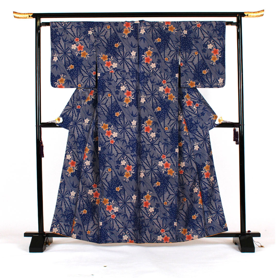 Small pattern, Length 163cm, Sleeve length 64cm, Awase, Cherry blossoms, Bamboo, Washable kimono, Polyester, S rank, Navy, 1115000782318
