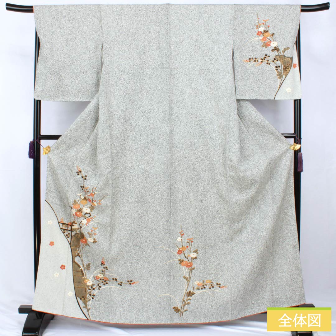 Visiting Kimono, Pure Silk, S Rank, Lined, Length 163cm, Sleeve-to-Sleeve 68cm, Kyo-Yuzen, Tsukesage, Tataki Dye, Floral, Layered Collar, With Basting Stitches, Monotone, 1112007642427