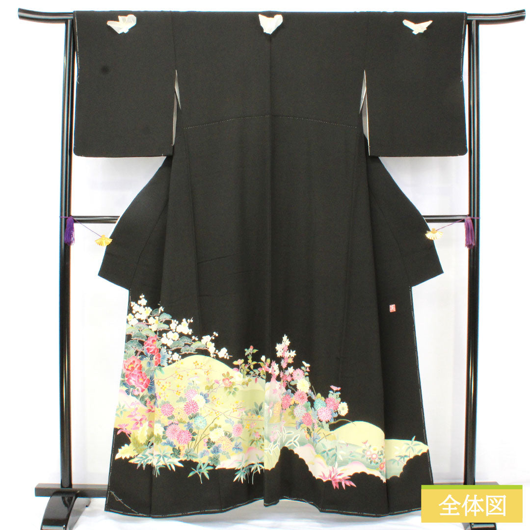 黒留袖 正絹 身丈158.5cm 裄丈62cm 袷 京加賀友禅 草花模様 作家物 五つ紋 花菱 Aランク 黒系 1111001673310