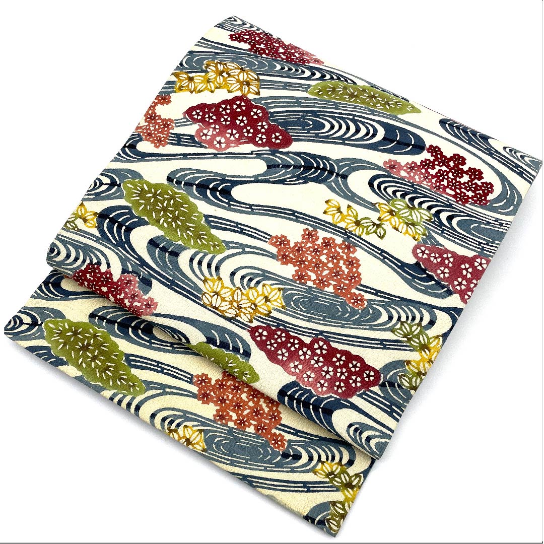 名古屋帯 生成り色 京紅型 観世流水 花模様 帯丈338cm 正絹 Bランク 六通 カジュアル 白系 1124003734311 名古屋仕立て