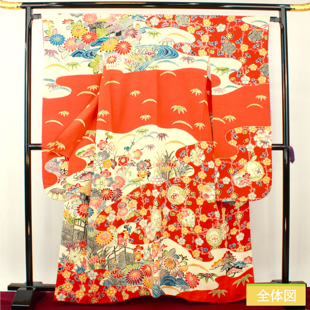 リサイクル着物】振袖 正絹 身丈163cm 裄丈65.5cm 袷 緋色 京紅型 吉祥 