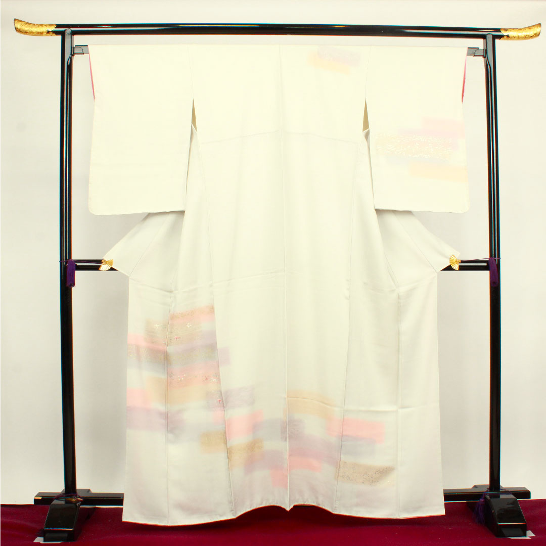 訪問着 袷 身丈162cm 裄丈64cm 胡粉色 金彩加工 刺繡 正絹 Aランク グレー系 1112002363422