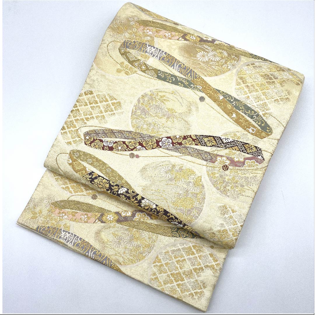 袋帯 鳥の子色(とりのこいろ) 古典柄 織の輪銘宝文 帯丈442cm 正絹 Sランク 六通 フォーマル クリーム系 1123008722315