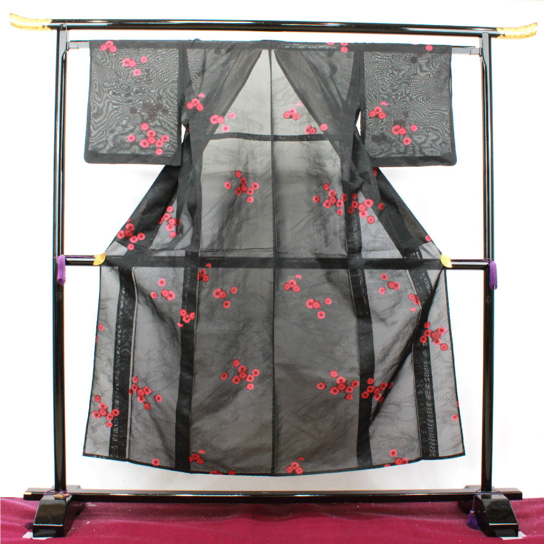 Summer kimono, polyester, small pattern, length 152.5cm, sleeve length 63cm, flowing water, chrysanthemum, washable kimono, gauze, A rank, black, 1132001243210