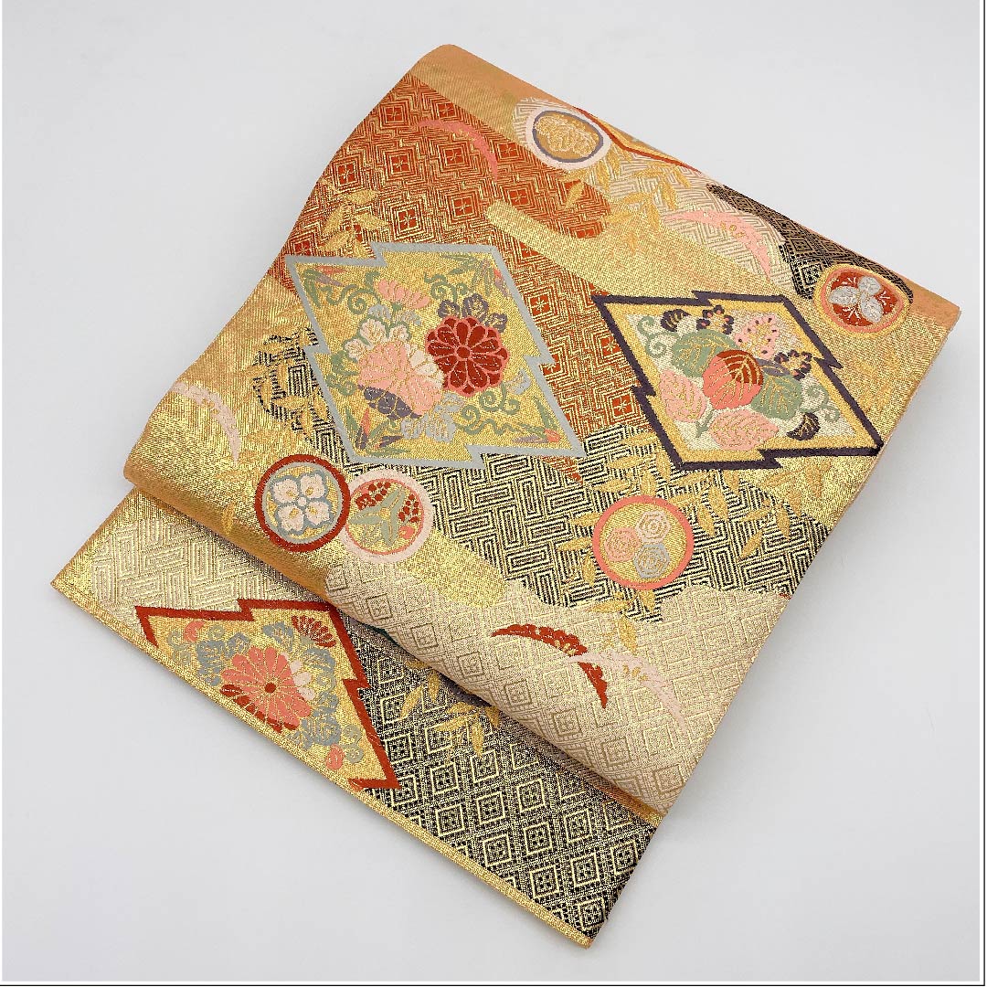 袋帯 金色 吉祥文様 帯丈442cm 正絹 Aランク 六通 フォーマル 金系 1123005443321