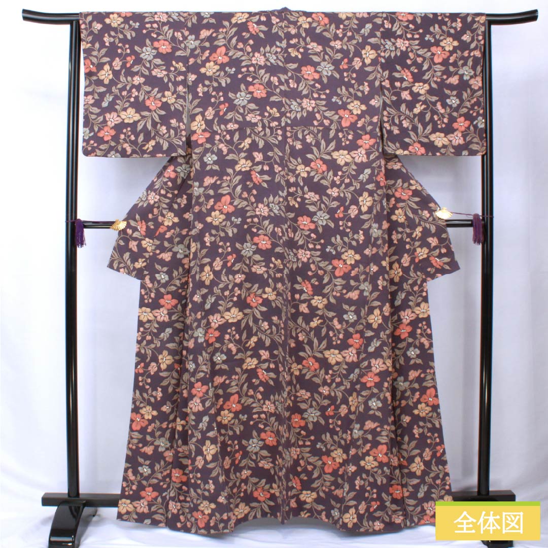 小紋 正絹 身丈162cm 裄丈64cm 袷 深紫色(ふかきむらさきいろ) 紗綾形 草花模様 Sランク 紫系 1115005972420