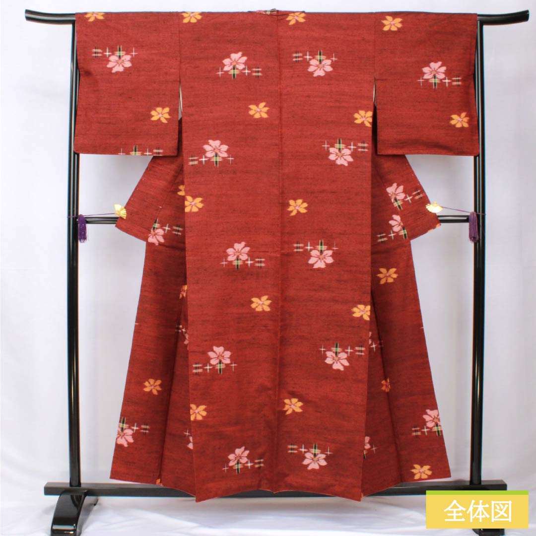 紬 正絹 Sランク 身丈156cm 裄丈65cm 赤銅色(しゃくどういろ) 花 絣 袷 茶系 1116003952314
