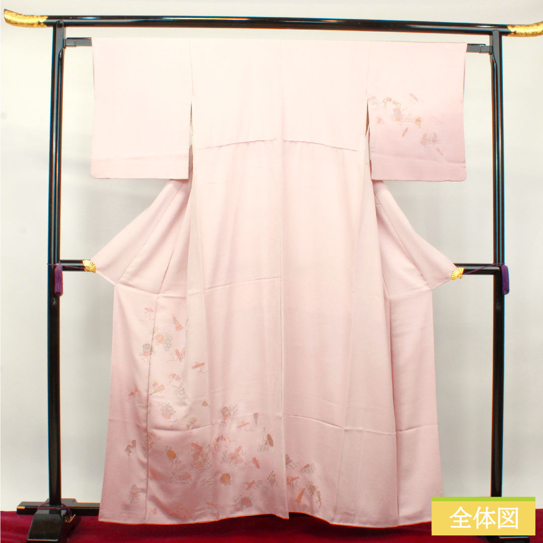 訪問着 正絹 袷 身丈160cm 裄丈62.5cm 退紅色 蘇州刺繡 汕頭刺繡 宝尽くし Sランク ピンク系 1112003422413