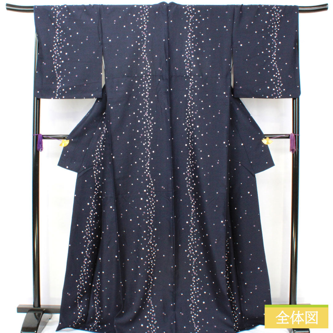 小紋 ポリエステル 身丈167cm 裄丈68cm 袷 濃紺色(のうこんいろ) 洗える着物 水玉 Sランク 紺系 1115004812518