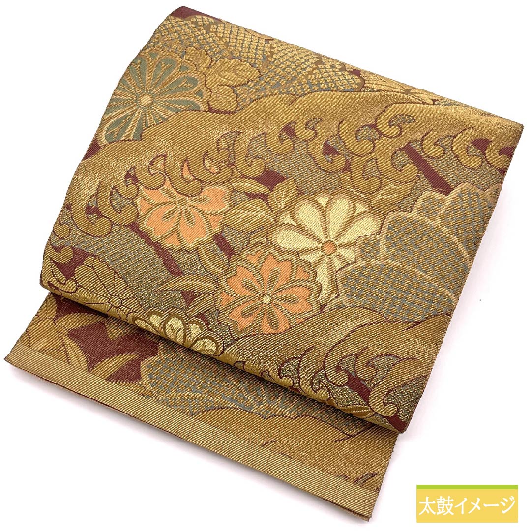 袋帯 正絹 留袖用 輪奈織 ねじり菊 波 桜 帯丈454cm Aランク 六通 フォーマル 金系 1123014353421