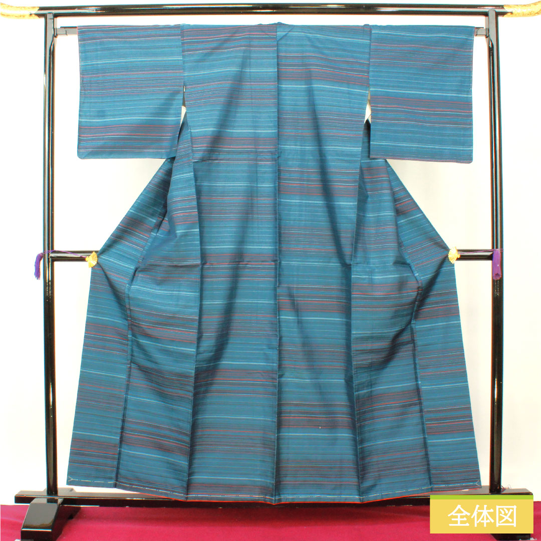 紬 正絹 身丈160cm 裄丈66cm 熨斗目花色(のしめはないろ) 縞大島 しつけ糸付き Aランク 袷 青系 1116003643417