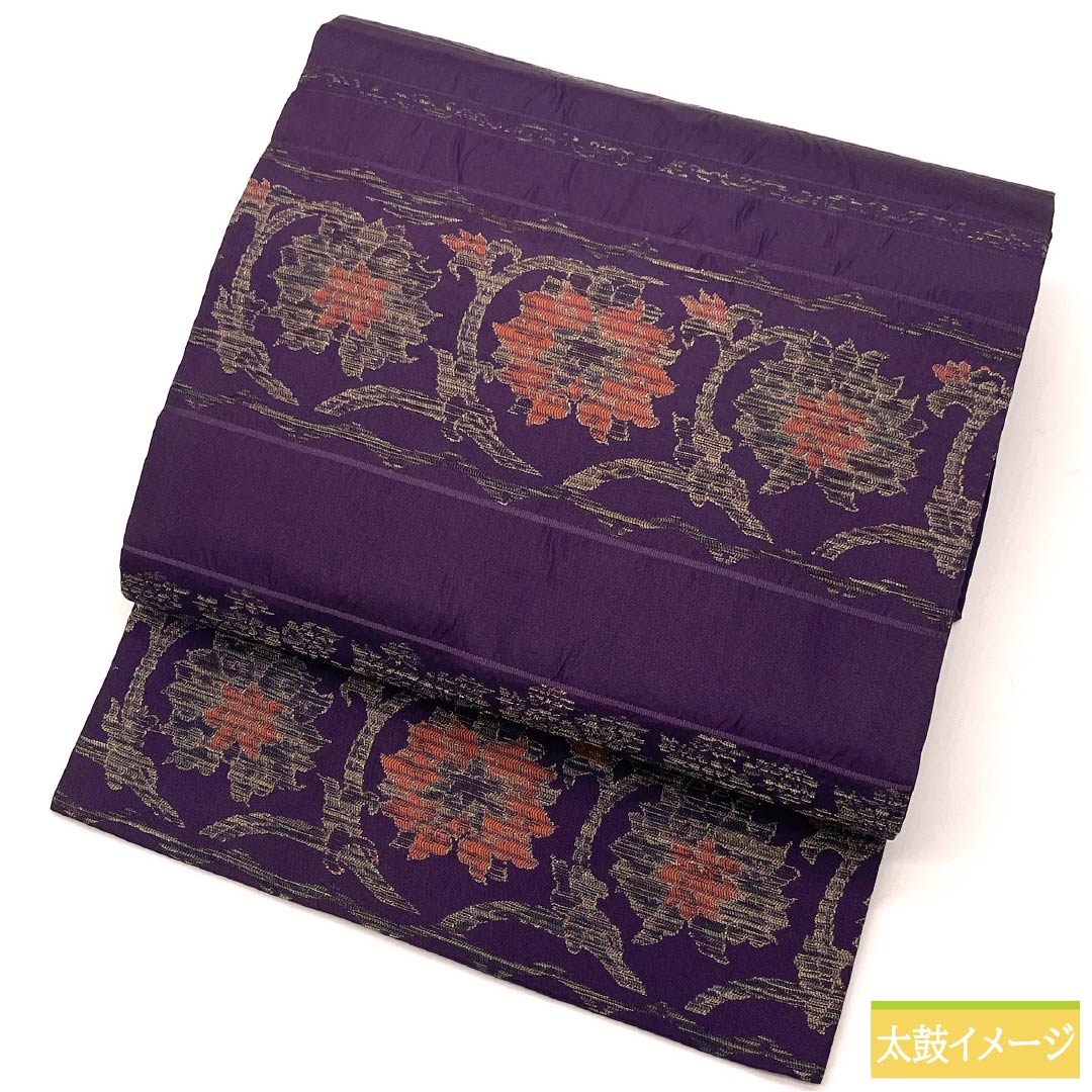 リサイクル着物】名古屋帯 茄子紺色（なすこんいろ） ふくれ織 唐花 帯