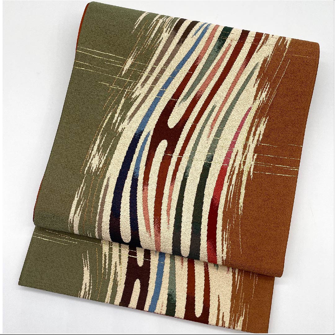 袋帯 灰緑色(はいみどりいろ) 白綾苑大庭 幾何学模様 帯丈430cm 正絹 Aランク 六通 カジュアル グラデーション系 1123009393399