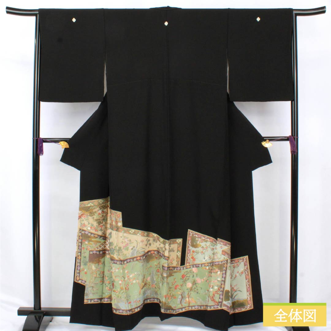 黒留袖 正絹 Sランク 身丈158cm 裄丈65.5cm 袷 蘇州刺繍 五つ紋 木瓜 吉祥文様 雉 松 梅 五つ紋 黒系 1111001782310