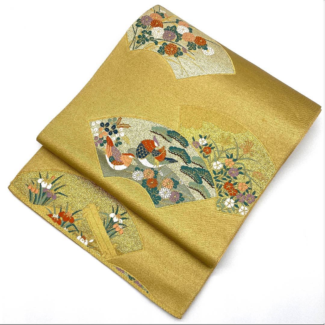 袋带 稻草色 双层编织 带金箔 留袖用 鸳鸯图案 带长 432 厘米 纯丝 A 等级 六道 正式 金色 1123004753321