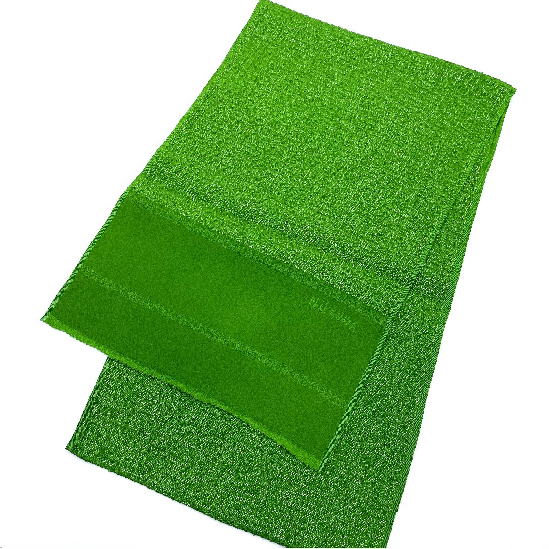 (New old stock) Obiage, pure silk, formal, next green, Tango crepe, silver thread used, puffed weave, length 177cm, width 27.5cm, S rank, green, 1136000012919