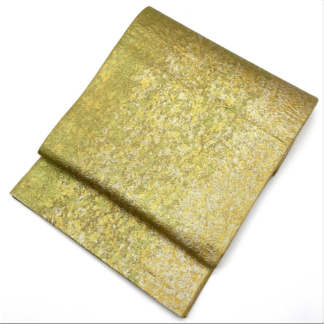 Fukuro Obi (light green obi) Asukaori Tenmoku foil Reversible Geometric pattern Length 432cm Pure silk A rank Six-way Semi-formal Gold 1123008033321