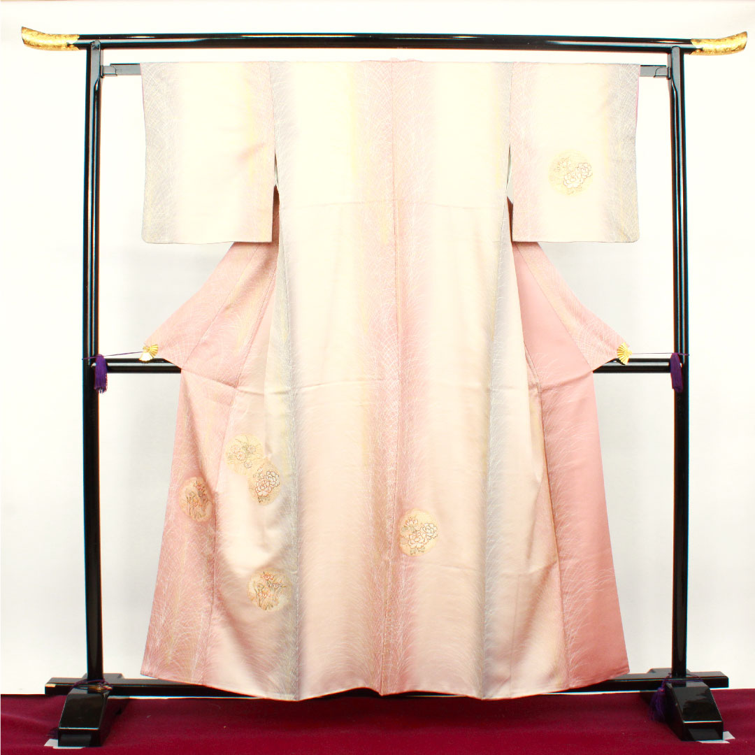 訪問着 袷 身丈157cm 裄丈62.5cm 汕頭刺繡 雪輪 草花模様 正絹 Aランク グラデ 1112002333399