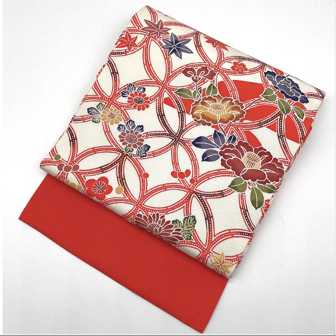 名古屋帯 緋色 七宝つなぎ 花柄 帯丈383cm 正絹 Sランク ポイント柄 カジュアル 朱系 1124004512316 名古屋仕立て