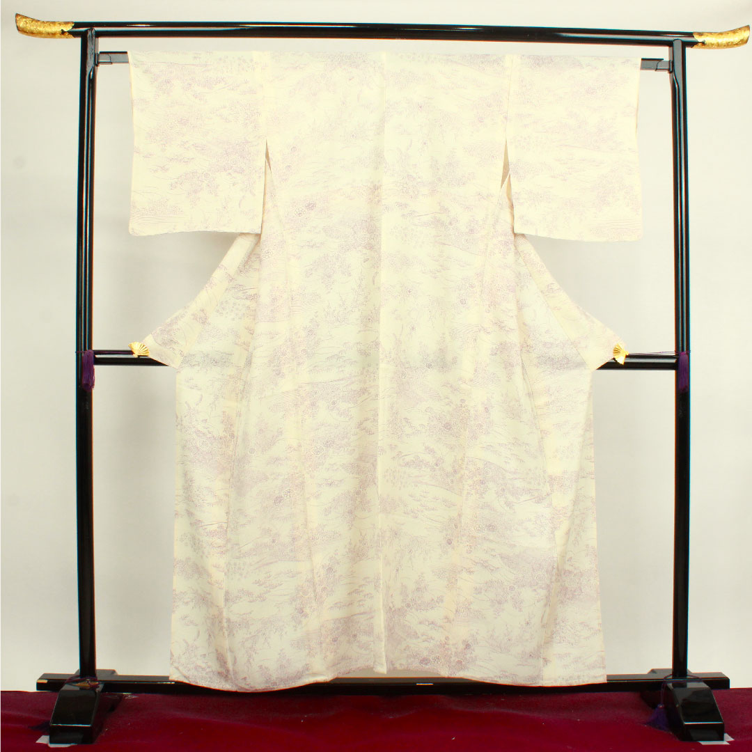 夏物 正絹 小紋 身丈154.5cm 裄丈63.5cm 乳白色(にゅうはくしょく) 松竹梅 菊 流水 絽 Sランク 白系 1132000642211