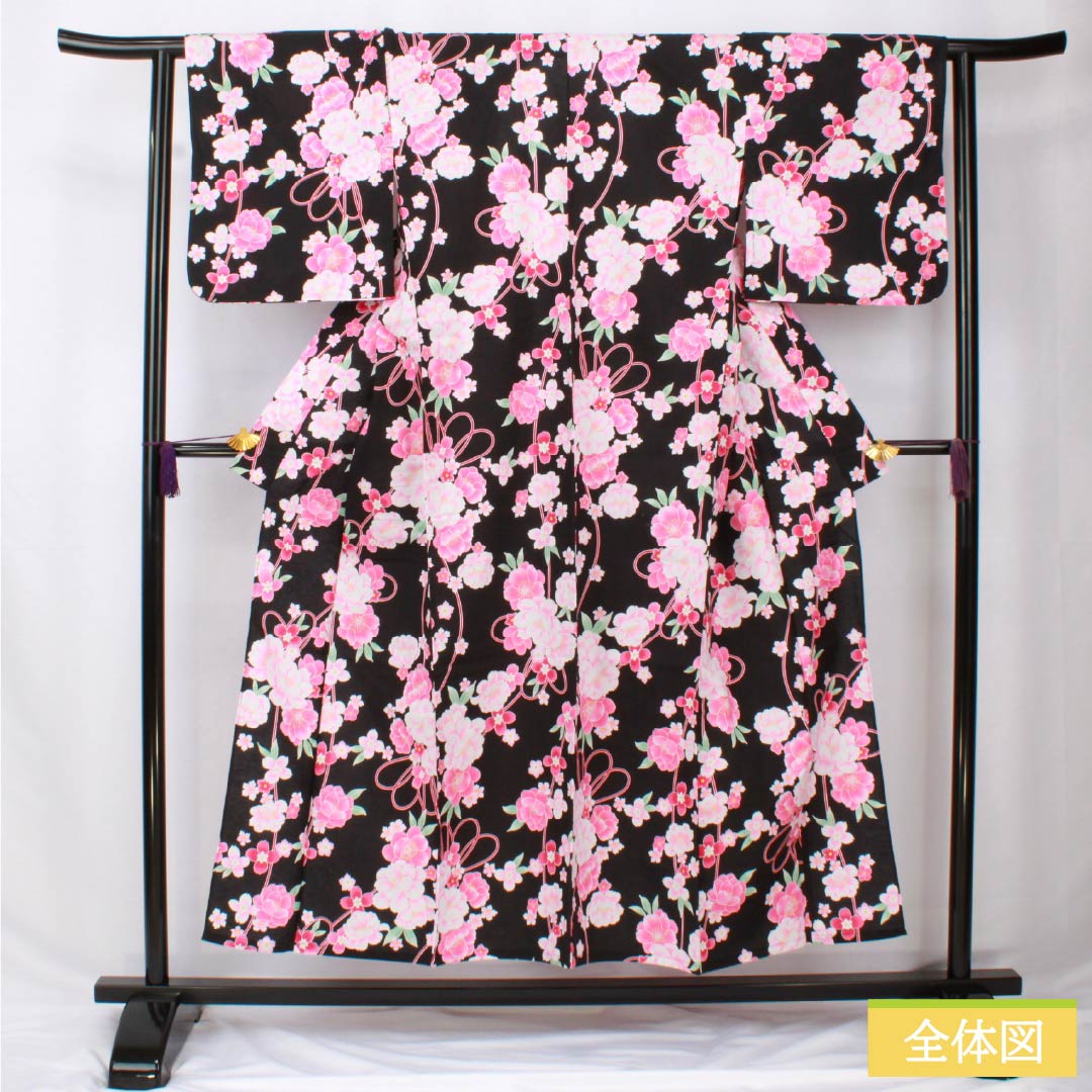 浴衣 木綿 身丈151cm 裄丈62cm Aランク 単衣 黒系 山茶花 1118005963210