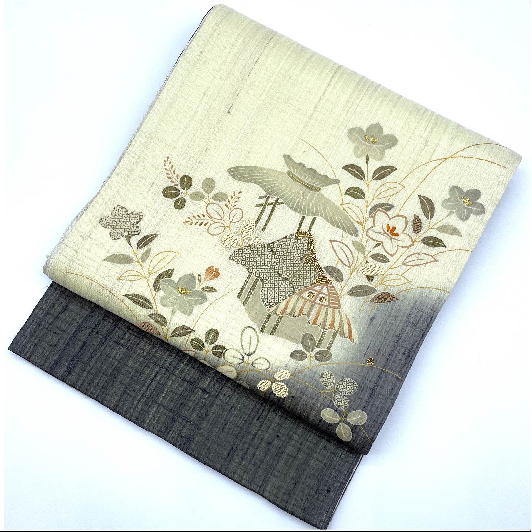 Fukuro obi (sash) in Torinoko color, Shozan, raw pongee, Chayatsuji pattern, obi length 443cm, pure silk, S rank, point pattern, semi-formal, cream color, 1123007832315